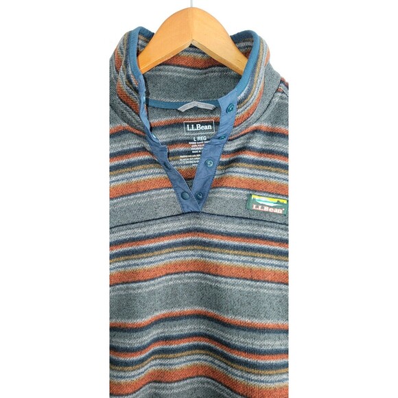 L.L. Bean Blue Orange Large Sweater Striped Pullover Blue Orange Gray w/ Pockets - Picture 5 of 7